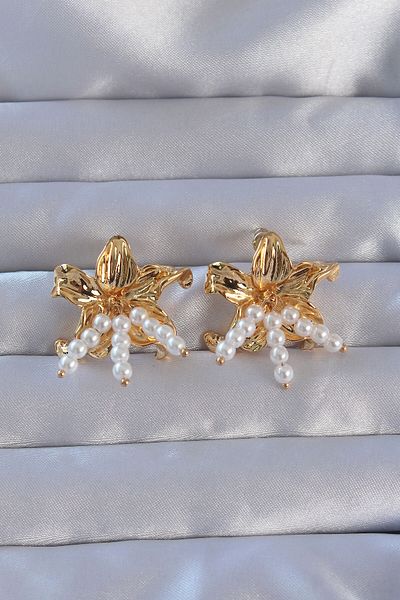 Skygo 316L Steel Gold Color Flower Model Earrings with Pearl Accessories - Tj-Bkp9108