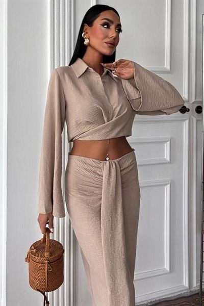 KAZAK Crop Shirt and Skirt Gathered Design Suit 10195