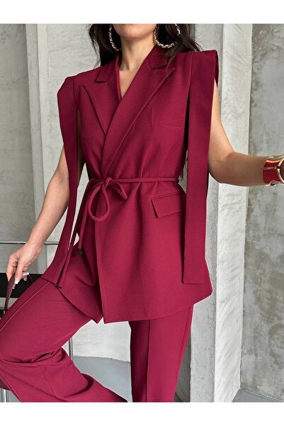 buqre's moda بدلة بنطلون وسترة وسترة مربوطة بحزام مزدوج