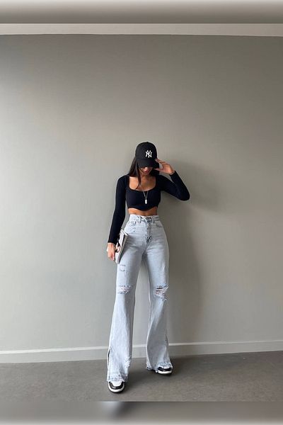 Harmony Ice Blue Laser Detailed Premium Washed Wide Leg Jeans