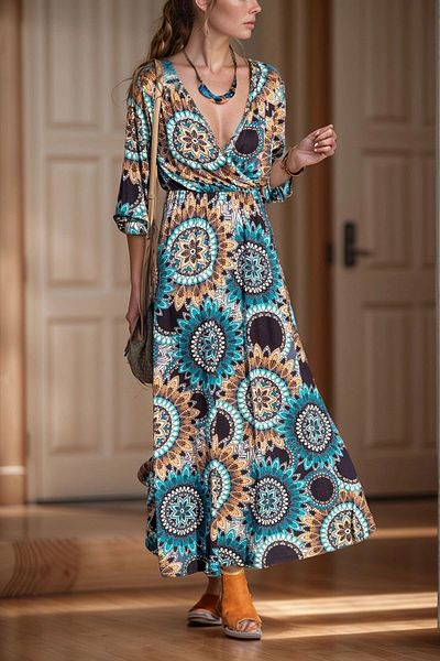 bacc Rochie albastră pentru femei, cu guler dublu, cu mânecă scurtă, lungime maxi Bcbsk-25700-k5222