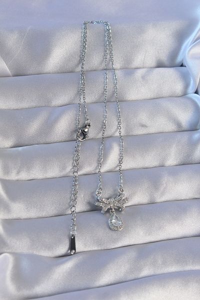 Skygo 316L Steel Chain Silver Color Zircon Stone Drop Detail Bow Model Necklace - Tj-Bko8897