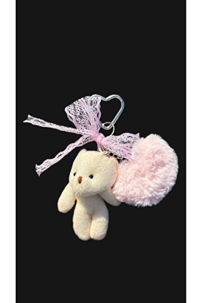 Omarder Deri Light Pink Plush Heart, Cream Bear and Lace Trim Bag Charm