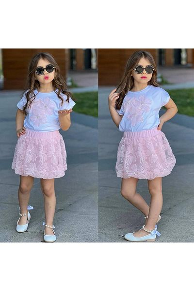 sinmm Girl's Tulle Balloon Skirt Bead Detailed Bottom-Top Set Pink Color