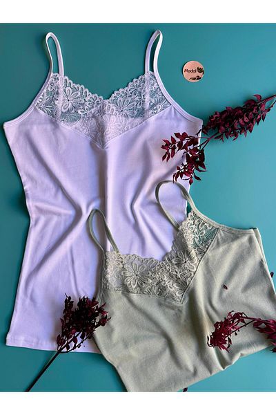 Elosia Carmen Brisa 2-Piece Green and White Color Modal Fabric Lace Rope Strap Women's Undershirt