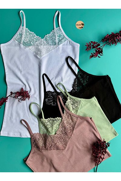 Elosia Carmen Brisa 4-Pack Green, Black, White and Dusty Rose Modal Fabric Lace Rope Strap Women's Undershirt