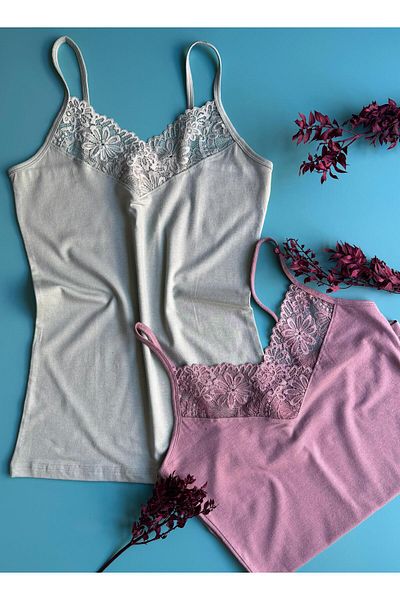 Elosia Carmen Brisa 2-Piece Green and Dusty Rose Color Modal Fabric Lace Rope Strap Women's Undershirt