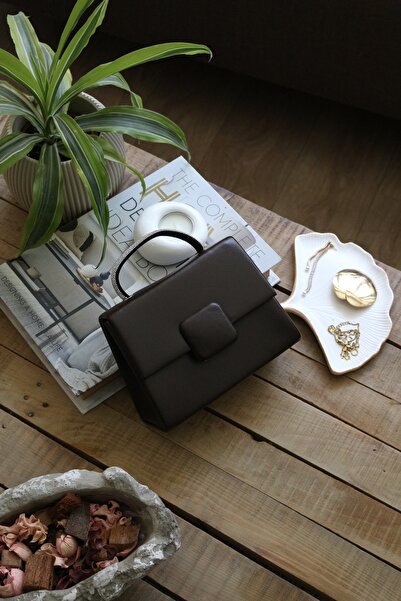 Moom Bag Women's Bitter Brown Square Buckle Accessory Stone Handle Evening Dress Handbag Shoulder Bag