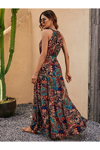 Masspera Halter Yaka Omzu Açık Beli Lastikli Otantik Desenli Maxi Boy Elbise