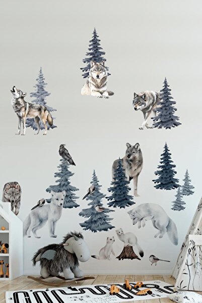 KT Decor Set de autocolante de perete Safari World Lupii sălbatici Ţinuturi reci