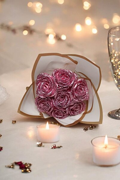 Miel De Secret Dekoratif Saten Kurdele Solmayan Özel Hediye Gül Çiçek Buketi Simli - Glitterlı