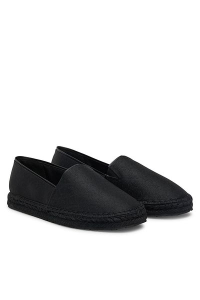 Calvin Klein Women's Ck Inscriptions Pattern Straw Flat Sole Black Ballerinas Hw0Hw02467-Beh