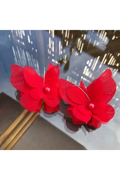 By G Tasarım Red Chiffon Flower Butterfly Earrings