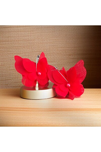 By G Tasarım Kırmızı Şifon Çiçekli Kelebek Küpe