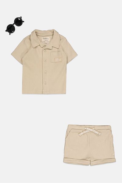 Fudo Toddlers Boy 3pcs Short Sleeve Polo Shirt And Short Set, Beige