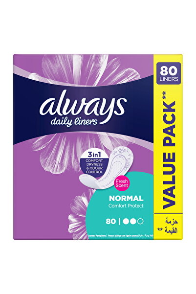 Always فوط صحية يومية مريحة مع حماية ورائحة منعشة، عادية، 80 قطعة