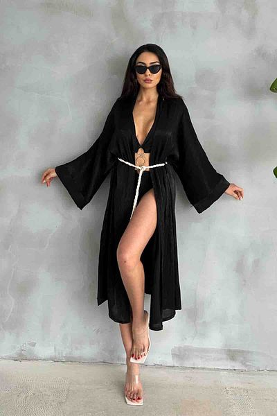 Cappmoda HRK-19102 Kimono lung cu frânghie din material satinat cu efect negru