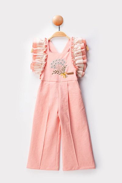 Minigimin Cicileri My Little One's Cicileri Sleeves Ruffle Detailed Flower Embroidery Girl's Jumpsuit Salopet - Light Pink