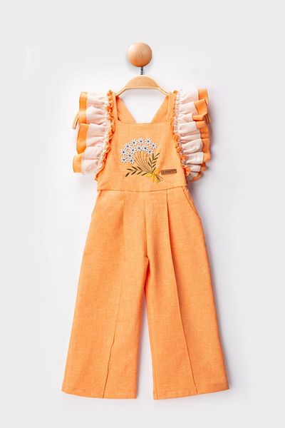 Minigimin Cicileri My Little One's Cicileri Sleeves Ruffle Detailed Flower Embroidery Girl's Jumpsuit Salopet - Orange