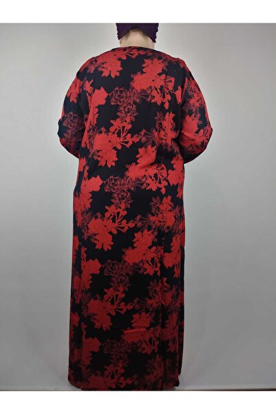 YAŞAR TRİKO Women's Red Pentagonal Collar Long Sleeve Sleeve Ankle Elastic Summer Viscose Long Dress Pulls 2 cm Water