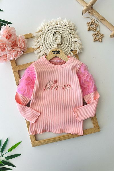 Minigimin Cicileri Суитшърт My Little One's Cicileri с ръкави от тюл и бродерия с камъни за момиче - цвят сьомга