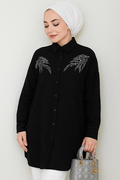 TRENDTESETTÜR Women's Black Stone Detail Tunic t 5069