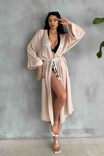 Cappmoda HRK-19102 Μπεζ Σατέν Εφέ - Μακρύ Κιμονό με Ζώνη από Σχοινί