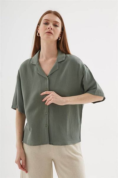 Fashion Friends Λινό Χακί Γυναικείο Πουκάμισο 25Y0605K1