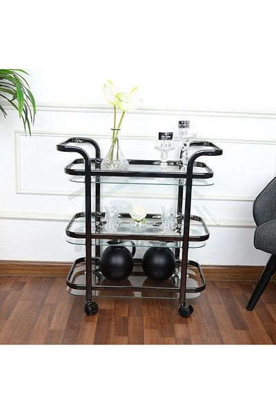 private house 3-Tier Taiwanese Black Glossy Glass Steel Tea Trolley