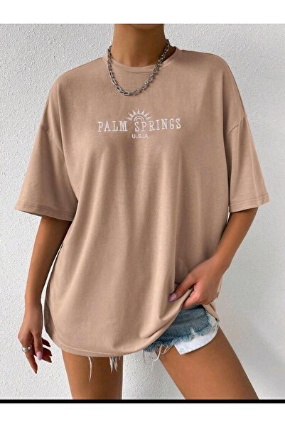 NOFLEN Γυναικεία Palm Springs U.S.A Printed Oversize Casual T-shirt Boyfriend