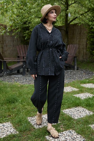InStyle بدلة سوداء مزدوجة بخياطة كاملة