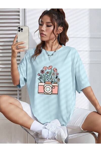 NOFLEN Φωτογραφική μηχανή τυπωμένη μπλούζα Oversize Casual Boyfirend