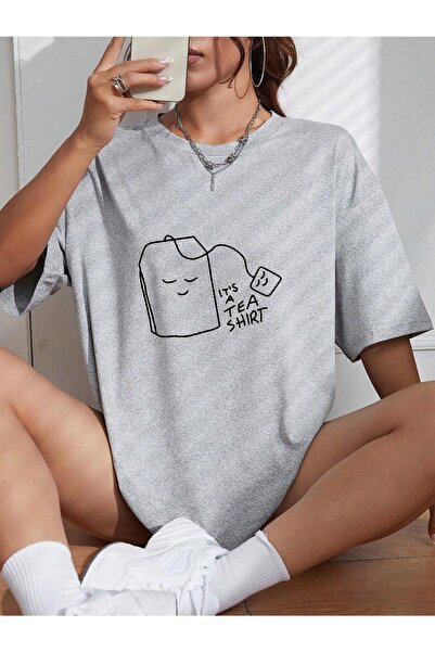 NOFLEN Μπλουζάκι τσαγιού με στάμπα γκρι Oversize T-shirt Casual Boyfirend