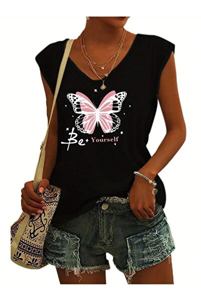 NOFLEN Γυναικείο μπλουζάκι με λαιμόκοψη V, αμάνικο Oversize Salas Boyfriend