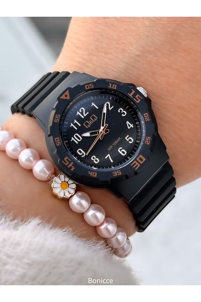 Q&Q Brand Black Silicone Cord, Suitable for Pool Sea Use Girl's Wristwatch Bracelet Gift