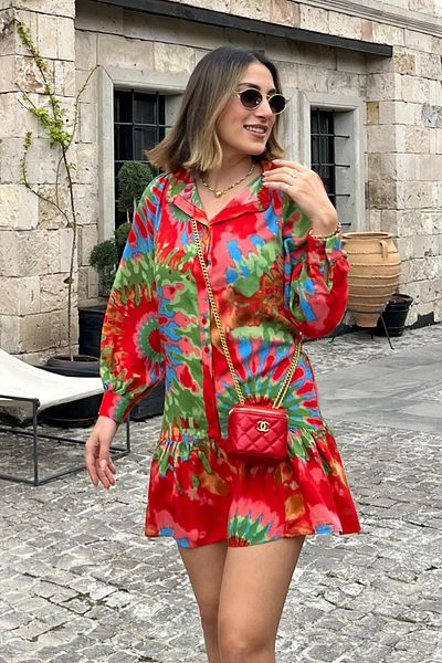 Madmext Red Patterned Short Women's Dress Mg2429