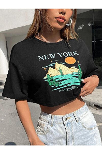 NOFLEN Γυναικεία Crop Oversize New York Printed