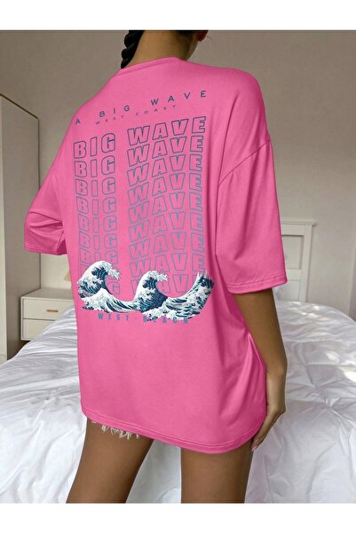 NOFLEN تي شيرت نسائي كبير الحجم مطبوع عليه Big Wave كاجوال Boyfirend