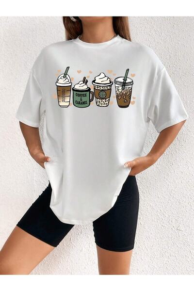 NOFLEN Tricou oversize pentru femei cu imprimeu cafea caramelă Casual Boyfirend