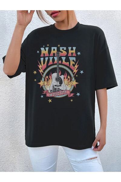 NOFLEN Μαύρο μπλουζάκι Oversize Nash Vılle Printed