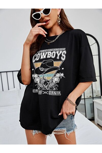 NOFLEN Cowboys Printed Γυναικείο Oversize Salas T-shirt Boyfriend