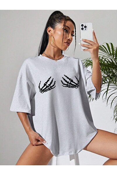 NOFLEN Skeleton Hand Printed Oversize T-shirt Casual Boyfirend