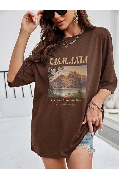 NOFLEN Γυναικείο μπλουζάκι με στάμπα Tasmania Oversize καφέ