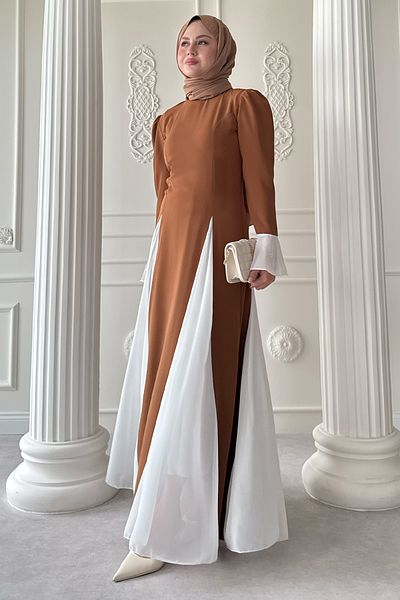 InStyle Tan Dress with Tulle Detail on Sleeves and Skirt
