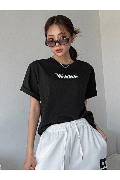NOFLEN Tricou oversize cu imprimeu Wake negru