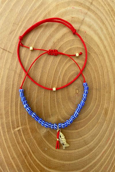 Shepidi 2Pcs Blue Striped Bead Gold Fish Figure Red String Bracelet