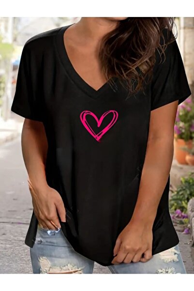 NOFLEN Women's V-Neck Plain & Printed Black / White Oversize T-Shirt Casual