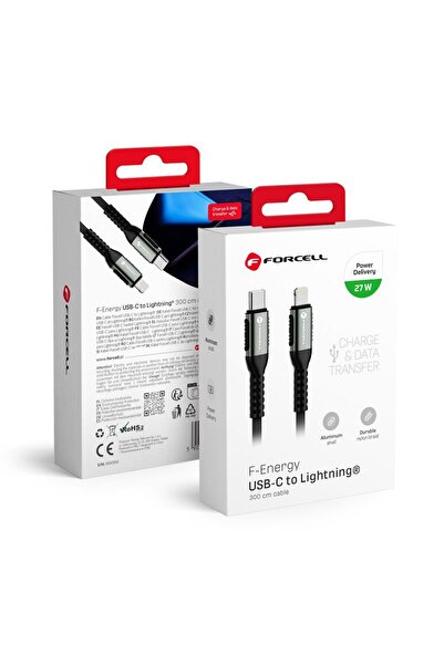 REDz Accessories Cablu de încărcare USB Type-C la Lightning, PD 3A 27W, Lungime 3 m, Forcell F-Energy C259, Negru