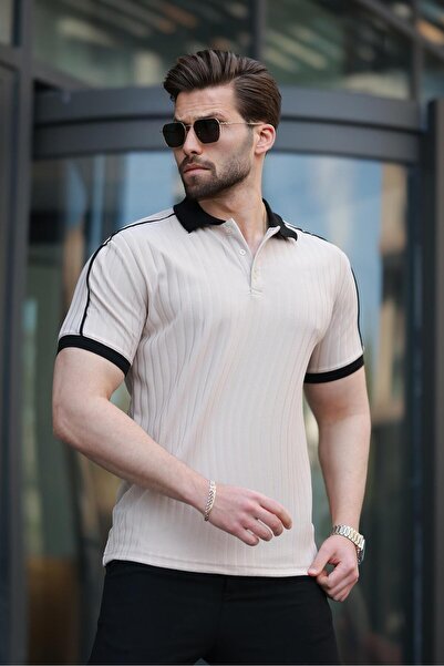 Madmext Beige Patterned Polo Neck Knitwear Men's T-Shirt E7155