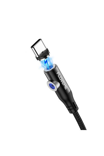 REDz Accessories Cablu de încărcare rapidă, 2.4A, conector magnetic USB-C, 1m, negru, rotație 360 ​​și 90 de grade, LED